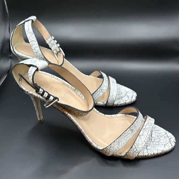 J Crew Size 9 Crackled Ankle Strap High Heel Leather Sandals White Black Marble - Picture 2 of 9